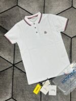 Moncler Men's Women's Replica Polos Shirts Logo Patch Half Sleeve Men Women Fake Reps Stripe Shirt Cheap Polo Rep First Copy Black Optical White Light Blue Navy Blue Grey Off White Mustard Sale UK - Image 4