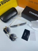 Chanel Women Rep Frameless Curved Eyewear Reps Women's Sunglasses Fake Replica Outdoor Golden Metal Blue Round Lens Sunglass Ladies Cheap Pearl Fashion Sale UK First Copy - Image 2
