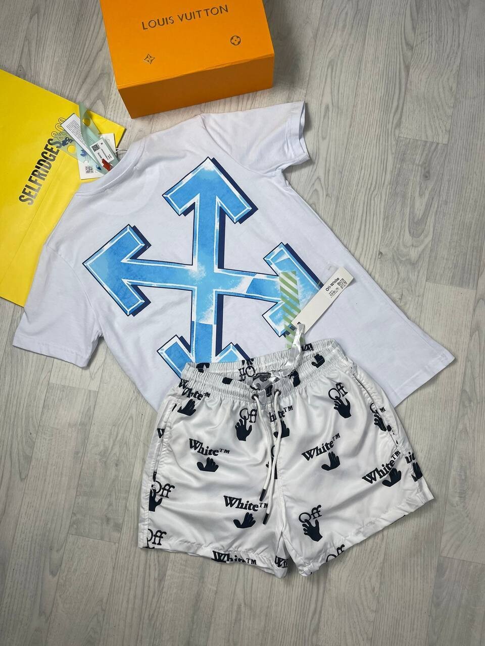 3696655690.jpg Off-White Swim Shorts Tshirt Set X Printed T-shirts with White Short with Black And White Tee Shirt - Image 1