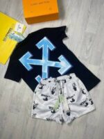 Off-White Swim Shorts Tshirt Set X Printed T-shirts with White Short with Black And White Tee Shirt - Image 3