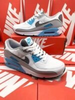 Nike Air Max 90s White Chlorine Blue (GS) Light Fusion Red Iron Grey Trainers For Men’s - Image 2