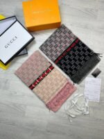 Gucci Printed Logo Scarf In Black & Pink Colors