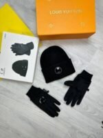 C.P. Company Beanie Hat With Central Bolon Logo Cap CMAC300A Wool Ribbed Knitted Lens Beanie With Gloves In Black Color - Image 2