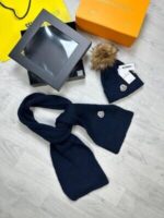 Moncler Women's Reps Hats Scarf Set Logo Knitted Wooly Pom Pom Women Replica Beanie Cap Fake Long Scarves Soft Fabric Cashmere Authentic Rep Fur Hat First Copy Cheap Black Blue White Grey Sale UK - Image 4