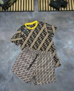 Fendi FF Logo Printed T-Shirt With Nylon Swim Short Set In Brown & Black