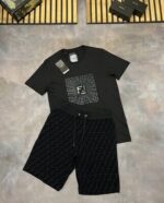 Fendi FF Logo Printed T-Shirt With Nylon Swim Short Set In Brown & Black - Image 3