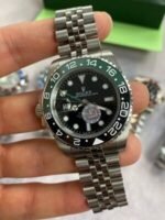 Rolex GMT Master II Black Dial Watch in Silver Chain Strap with Black/Green Bezel - Image 2