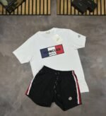 Moncler Men's Replica T-shirt Short Set Tricolor Logo Black White Bue T-shirts Shorts Sets Rep Tshirts Cheap Men Half Sleeve First Copy Boy Cotton T Shirt Fake Tshirt Reps Tee Shirts Sale UK