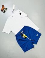 C.P. Company Piquet Waffle Logo T-Shirt With Nylon Swim Short Set In Black Blue Light Grey White - Image 4