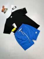 C.P. Company Piquet Waffle Logo T-Shirt With Nylon Swim Short Set In Black Blue Light Grey White - Image 3