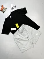 C.P. Company Piquet Waffle Logo T-Shirt With Nylon Swim Short Set In Black Blue Light Grey White - Image 6