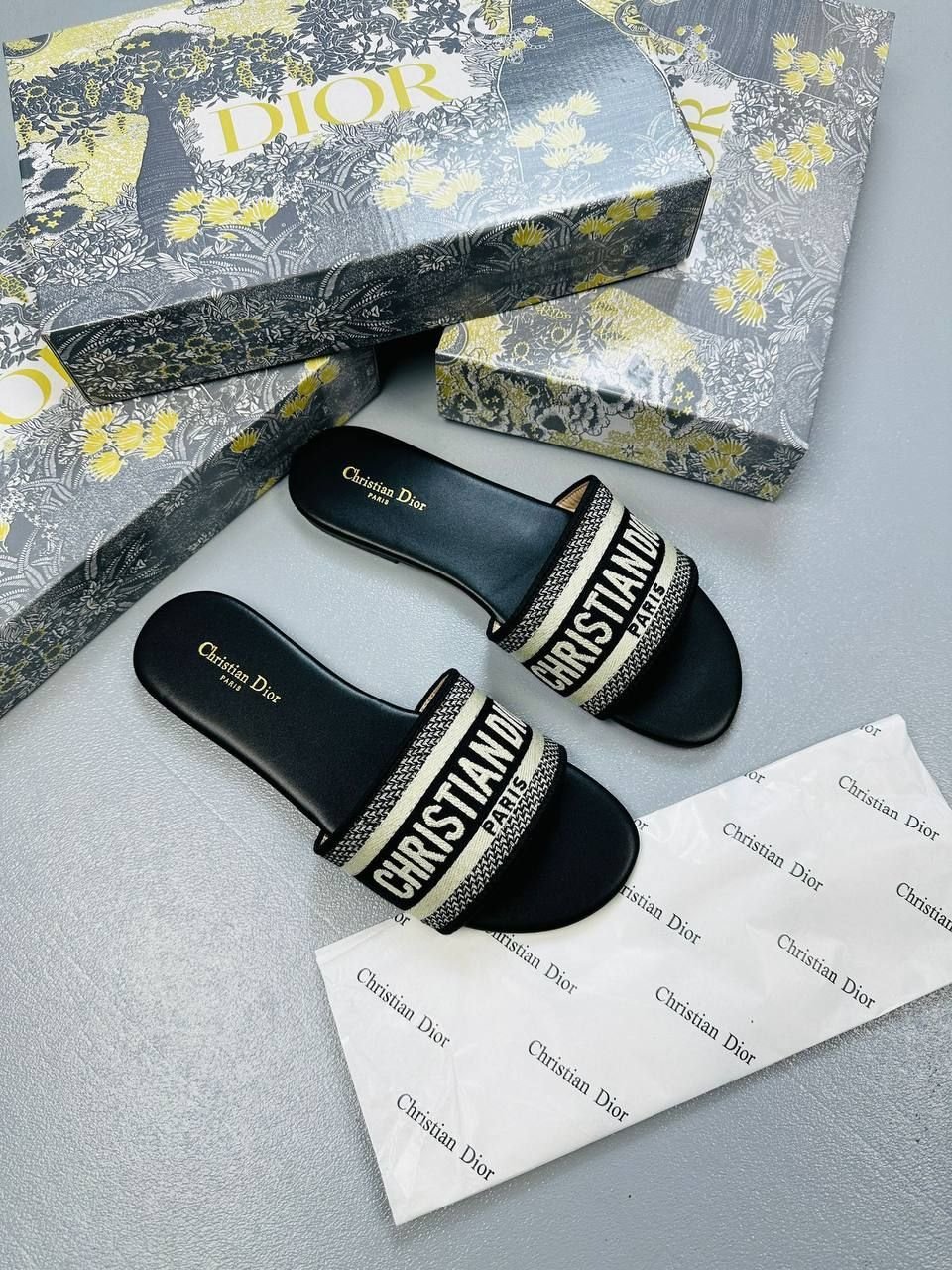 4316428727.jpg Christian Dior Paris Dway Slides/ Sandals Women's In Black Light Grey Floral - Image 1