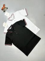 Moncler Polo Shirts Logo Collar Stripe Printed Black White Sale UK - Image 2