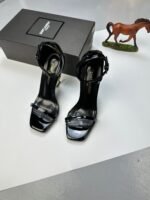 YSL Saint Laurent Women's Opyum Sandals Heels Shoes Gold Toned In Black Color