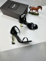 YSL Saint Laurent Women's Opyum Sandals Heels Shoes Gold Toned In Black Color - Image 3