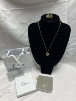 Christian Dior Rhinestone Necklace & Earrings For Women Golden Tone