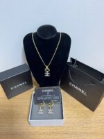 Chanel Logo Coco Classic Square Crystal Necklace & Earrings Silver Tone For Women
