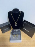 Chanel Logo Coco Classic Square Crystal Necklace & Earrings Silver Tone For Women - Image 2