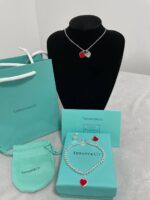 Tiffany & Co Silver Mini Double Heart Red Pendant Necklace, Bracelet & Earrings Set