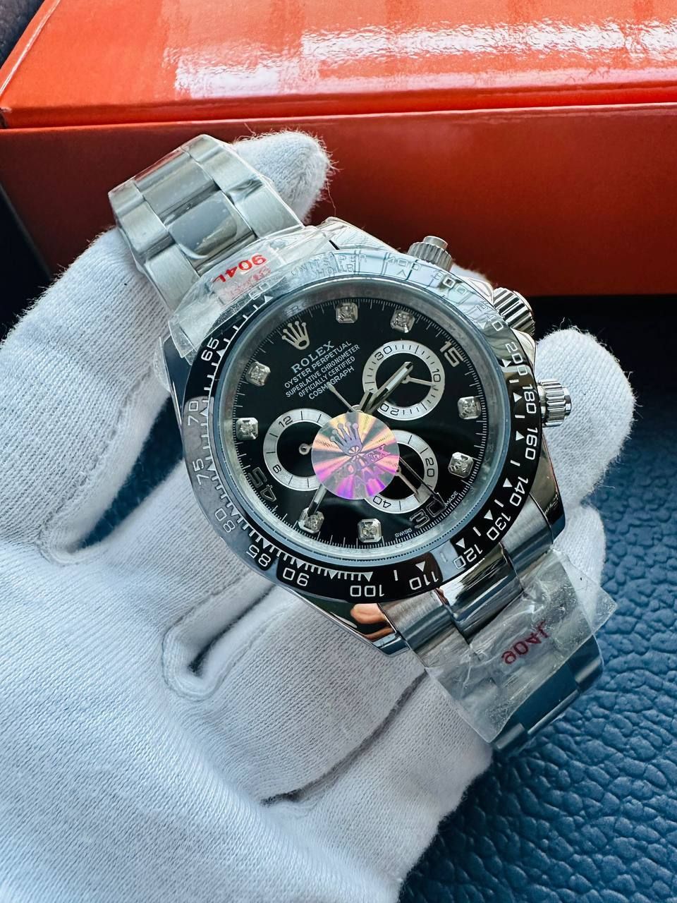 4542969534.jpg Rolex Cosmograph Daytona Oyster Perpetual Black Dial & Silver Chain Strap Men's Watch - Image 1