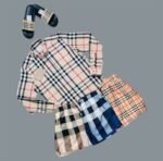 Burberry Brown Plaid Button Up Long Sleeve Cotton Shirt & Shorts Set For Men's - Image 2