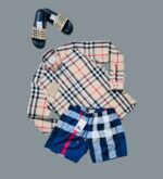 Burberry Brown Plaid Button Up Long Sleeve Cotton Shirt & Shorts Set For Men's - Image 3