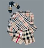 Burberry Brown Plaid Button Up Long Sleeve Cotton Shirt & Shorts Set For Men's - Image 4