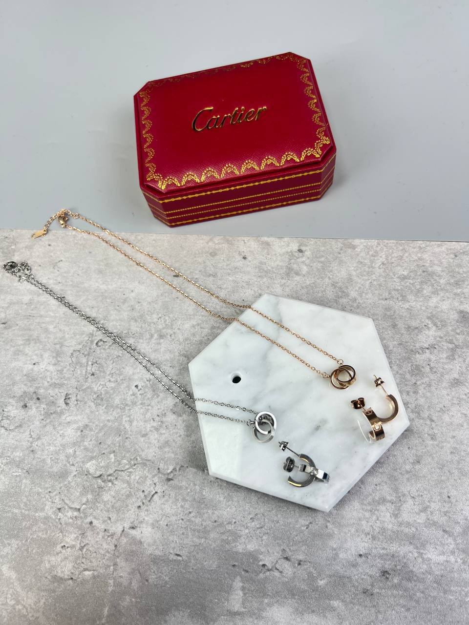 photo_5848443541355434767_y Cartier Love Interlocking Rings Necklace and Earrings Full Set - Image 1